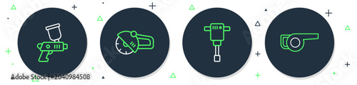 Set line Angle grinder, Construction jackhammer, Paint spray gun and Leaf garden blower icon. Vector