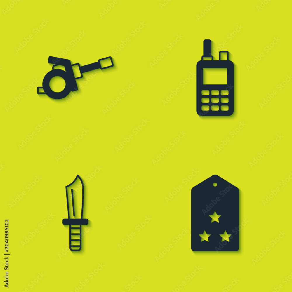 Naklejka premium Set Howitzer, Military rank, knife and Walkie talkie icon. Vector