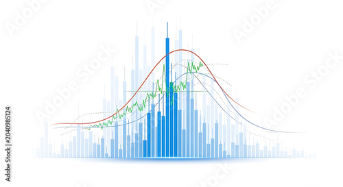 Stock market financial bar chart with bell curve and growth trend line business statistics analysis investment financial performance progress volatility planning strategy projection