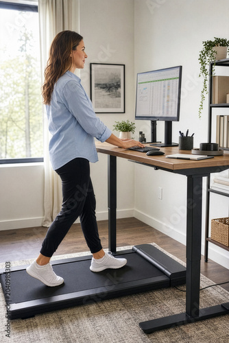 Professional woman biohacking her remote work routine on an under desk walking pad treadmill