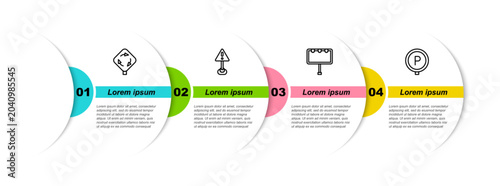 Set line Roundabout traffic sign, Exclamation mark in triangle, Billboard with lights and Parking. Business infographic template. Vector
