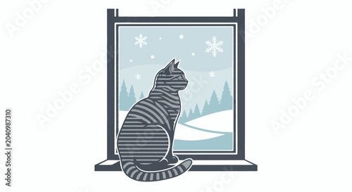 A striped cat sits on a windowsill, gazing at a snowy winter landscape with trees and snowflakes