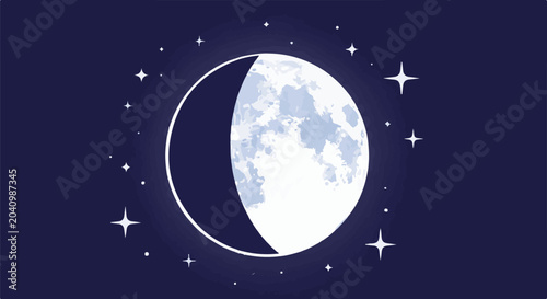Stylized moon and stars illustration on a dark blue background