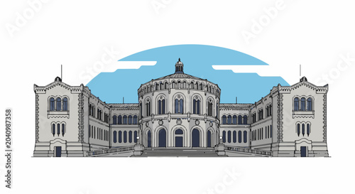 Stylized illustration of a grand, classical building with a dome and symmetrical wings under a blue sky