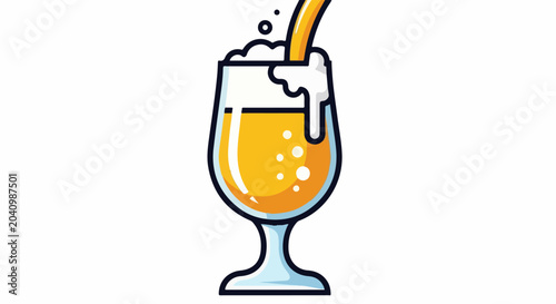 A stylized glass of amber liquid with a frothy head, being poured