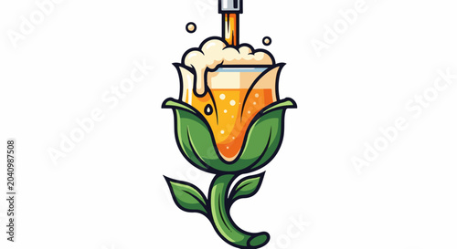A stylized floral beer glass, overflowing with frothy golden liquid and bubbles