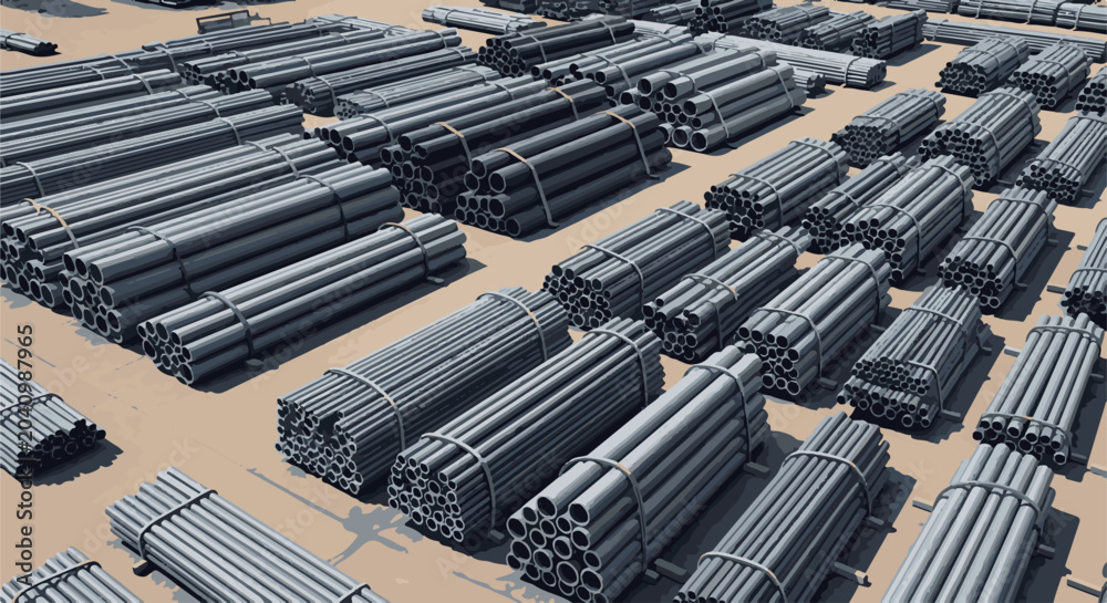 Obraz premium Large outdoor storage area filled with tightly packed bundles of grey metal pipes