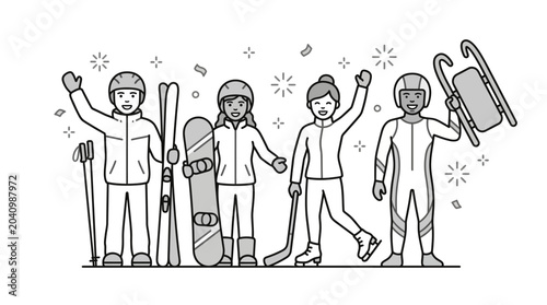 Canvastavla Group of winter sports enthusiasts holding gear line art.