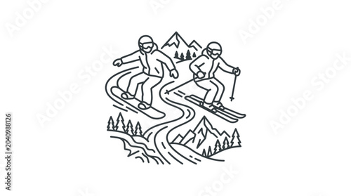Outline drawing of two skiers navigating a mountain slope.