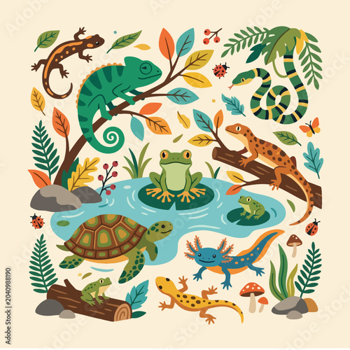 Foto A colorful collection of various reptiles and amphibians in nature