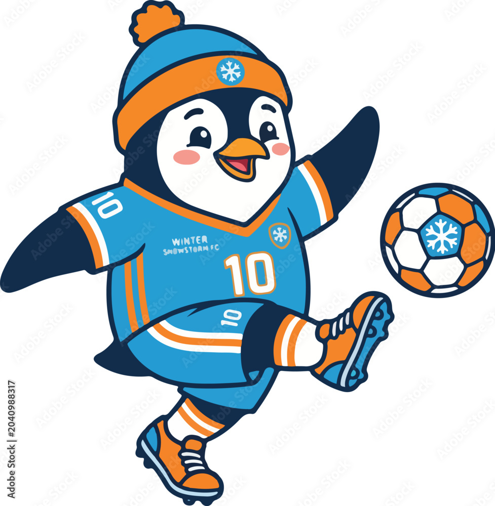 Obraz premium A cheerful Animal soccer mascot penguin in a soccer uniform kicking a soccer ball, a fun cartoon animals illustration