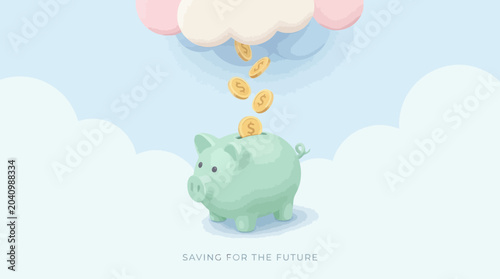 Green Piggy Bank with Gold Coins Dropping from Cloud Savings Concept