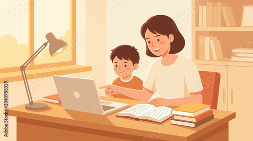 Mother Helping Her Young Son with Online E-Learning Lesson on Laptop