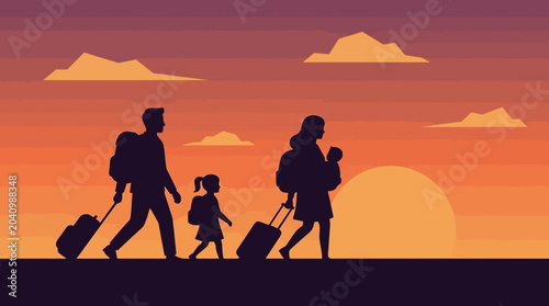 Silhouette of Family Walking with Luggage Suitcases at Sunset Travel Concept