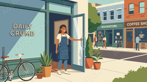 Friendly Female Small Business Owner Opening the Door of Her Boutique Shop