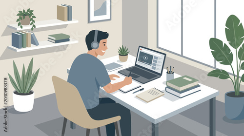 Young Graphic Designer Man Working on Laptop and Tablet at Creative Workspace
