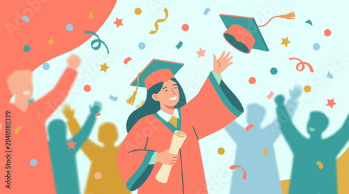 Happy Female Graduate Throwing Cap in the Air with Confetti Celebration