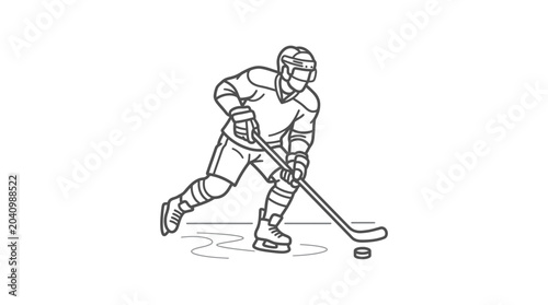Photography Ice hockey player with stick and puck line drawing.