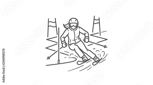 Minimalist line art illustration of female skier on slope.