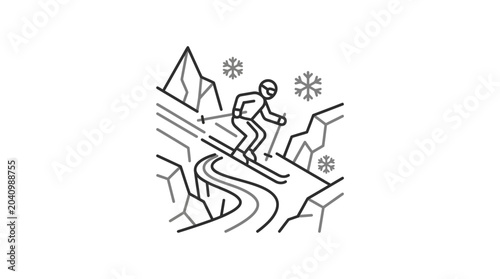 Obraz na plátne Skier descending steep mountain slope during winter snowfall.