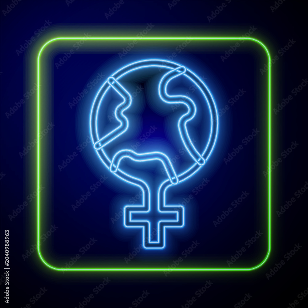 Fototapeta premium Glowing neon Feminism in the world icon isolated on blue background. Fight for freedom, independence, equality. Vector