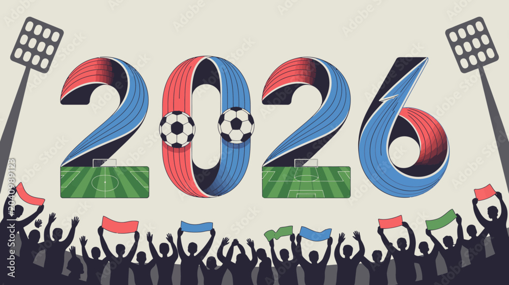 Obraz premium futuristic football championship numbers vector soccer 2026 illustration sport event competition fans cheering stadium lighting design graphic art celebration tournament team