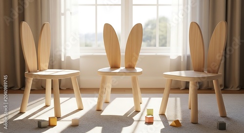 Modern wooden dining chairs with cushioned seats.