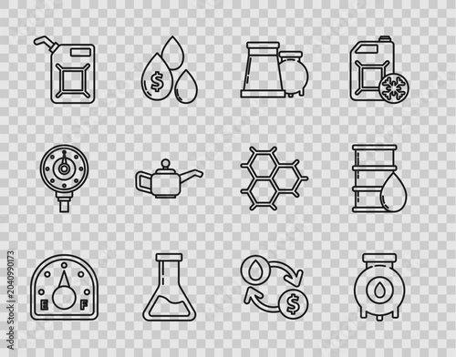 Fotografía Set line Motor gas gauge, Oil and industrial factory building, Test tube flask, Canister for gasoline, motor machine oil, exchange, water transfer, convert and Barrel icon
