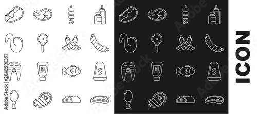Tableau sur toile Set line Steak meat, Salt, Sausage, Grilled shish kebab on skewer stick, Frying pan, Fried chicken wing, and Crossed sausage icon