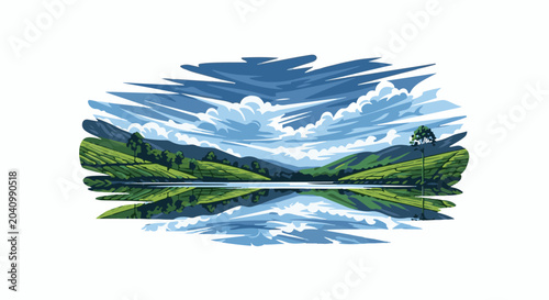 Pixelated landscape with a serene lake reflecting green hills and a dramatic sky