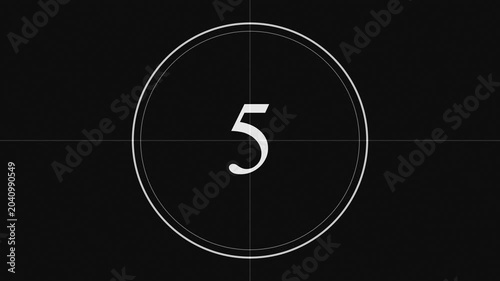 Premium 4K Monochrome Old Film Leader Countdown Background with Silver Typography and Cinematic Crosshair
