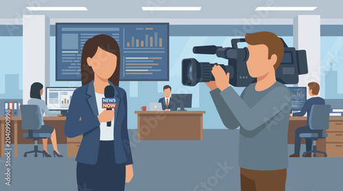 Professional Female Journalist Broadcast News Anchor Reporting Live in Studio