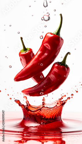 Red Hot Chili Peppers Dropping in Water with Splashes Isolated on White Background