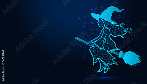 Low poly wireframe witch flying on broomstick on dark blue background.