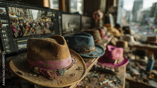 Worn vintage hats in various colors displayed on wooden table in rustic workshop with computer screen showing photo editing software, creating nostalgic and artistic atmosphere