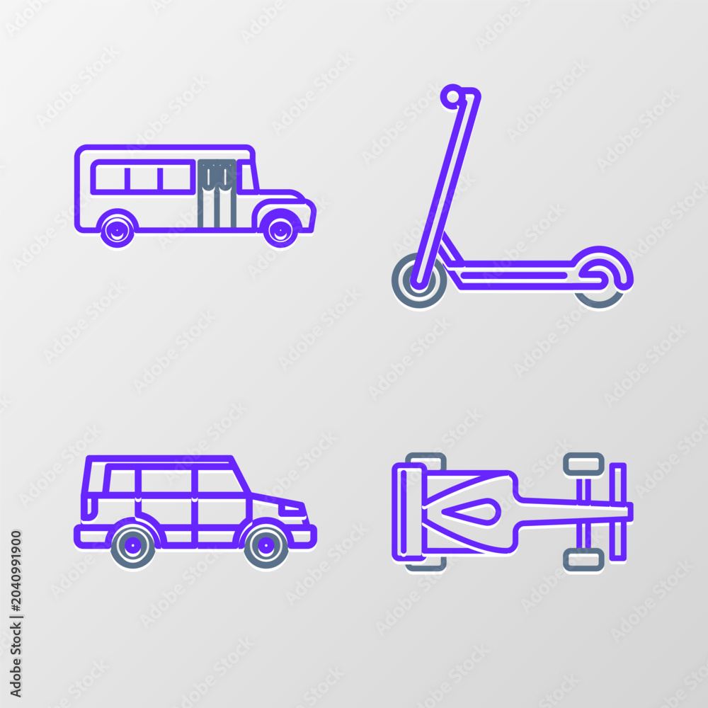 Obraz premium Set line Formula race car, Off road, Scooter and School Bus icon. Vector