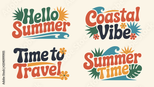 Foto four tropical summer phrases vector hello coastal vibe travel time beach vacatio