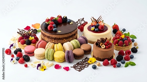 Assorted Gourmet Desserts with Cakes Macarons and Fresh Berries on White Background