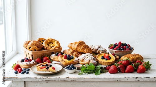 Assortment of fresh breakfast pastries and berries on a rustic white table
