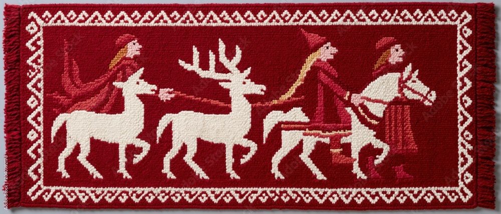 Fototapeta premium This charming textile artwork depicts a festive scene with reindeer pulling a sleigh, styled in vibrant colors, evoking a sense of tradition and holiday spirit.