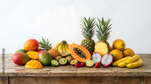 Assortment of Fresh Tropical Fruits on a Rustic Wooden Table