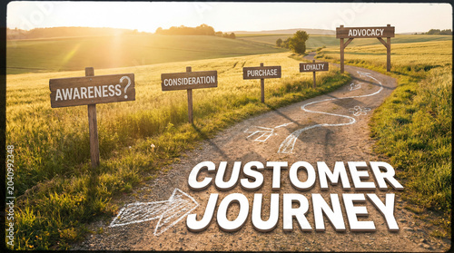 Customer journey path with signage showing awareness, consideration, purchase, loyalty, and advocacy stages in marketing