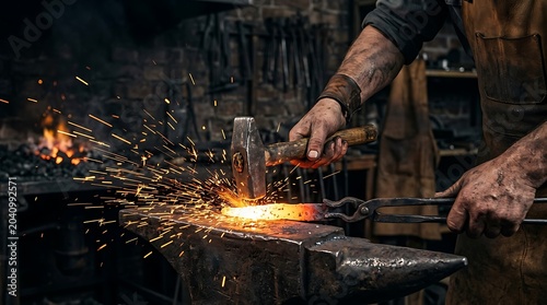 Blacksmith forging red hot metal on an anvil with sparks in forge