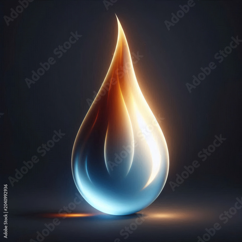 A Glowing Stylized Droplet Blending Elements Of Water And Fire With A Luminous Blue Base Transitioning Into A Fiery Orange Tip Against A Dark Background
