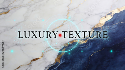 White Marble And Deep Blue Fluid Abstract Texture Split Diagonally By Shimmering Gold Veins Featuring The Text Luxury Texture Centered Within A Glowing Futuristic Cyan Circular Interface