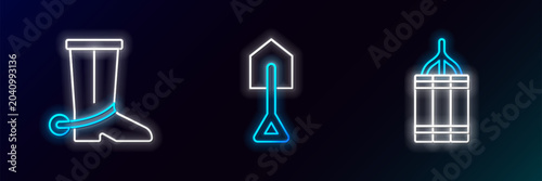 Photos Set line Dynamite bomb, Cowboy boot and Shovel icon