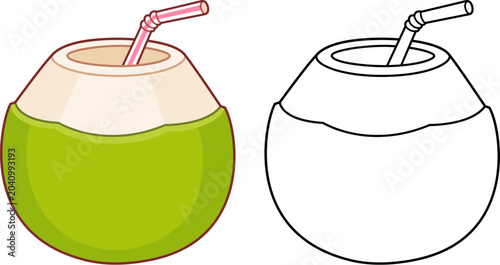 Fresh coconut water drink. Young green coconut with drinking straw, isolated cartoon vector illustration. Color drawing and black and white line art.