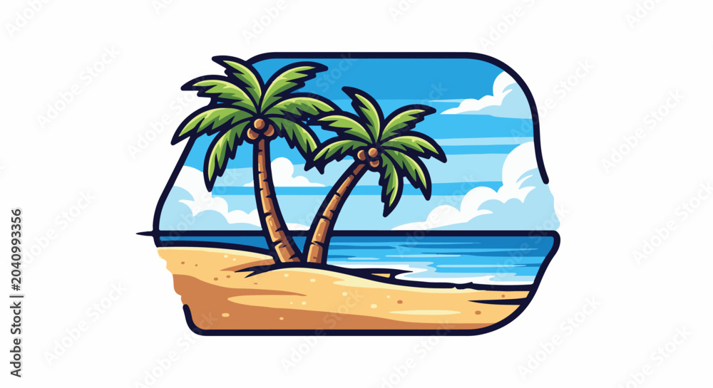 Obraz premium Two palm trees sway over a sandy beach, with blue ocean and cloudy sky in background