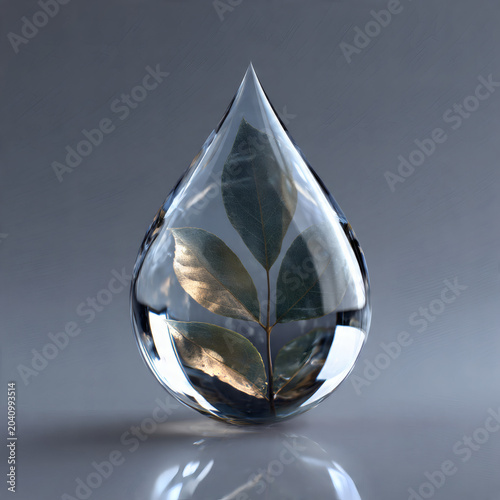 A Sprig Of Green Leaves Encased Within A Large Transparent Teardrop Of Glass Or Water Casting A Subtle Reflection On A Smooth Grey Surface