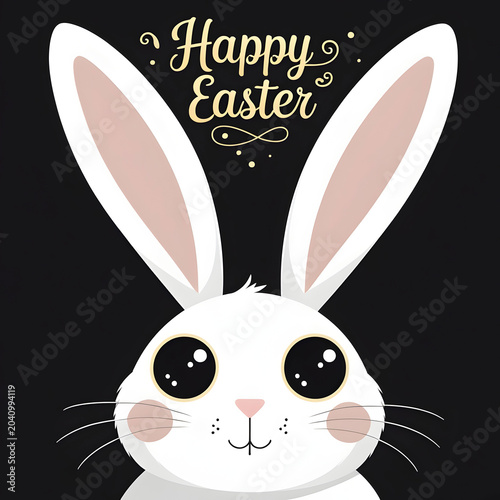 Minimalist white bunny ears and eyes illustration with happy Easter text on a black background